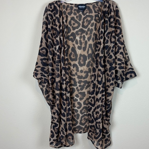 Heimish Tops - Heimish Black/Brown Leopard Sheer Kimono Cardigan w/ Pleated Shoulder Seams